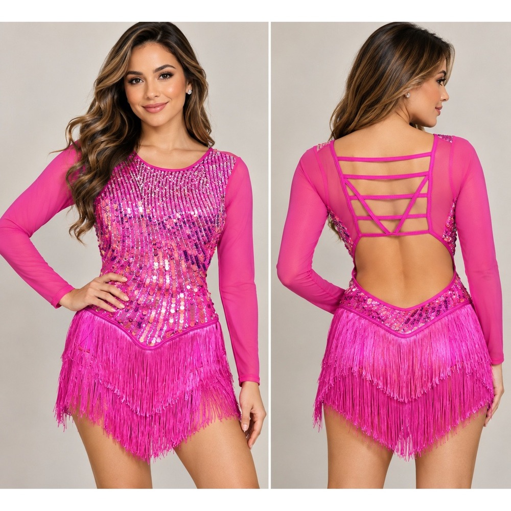 Weissman Hot Pink Sequin Fringe Dance Leotard Open Back Mesh Sleeve MA